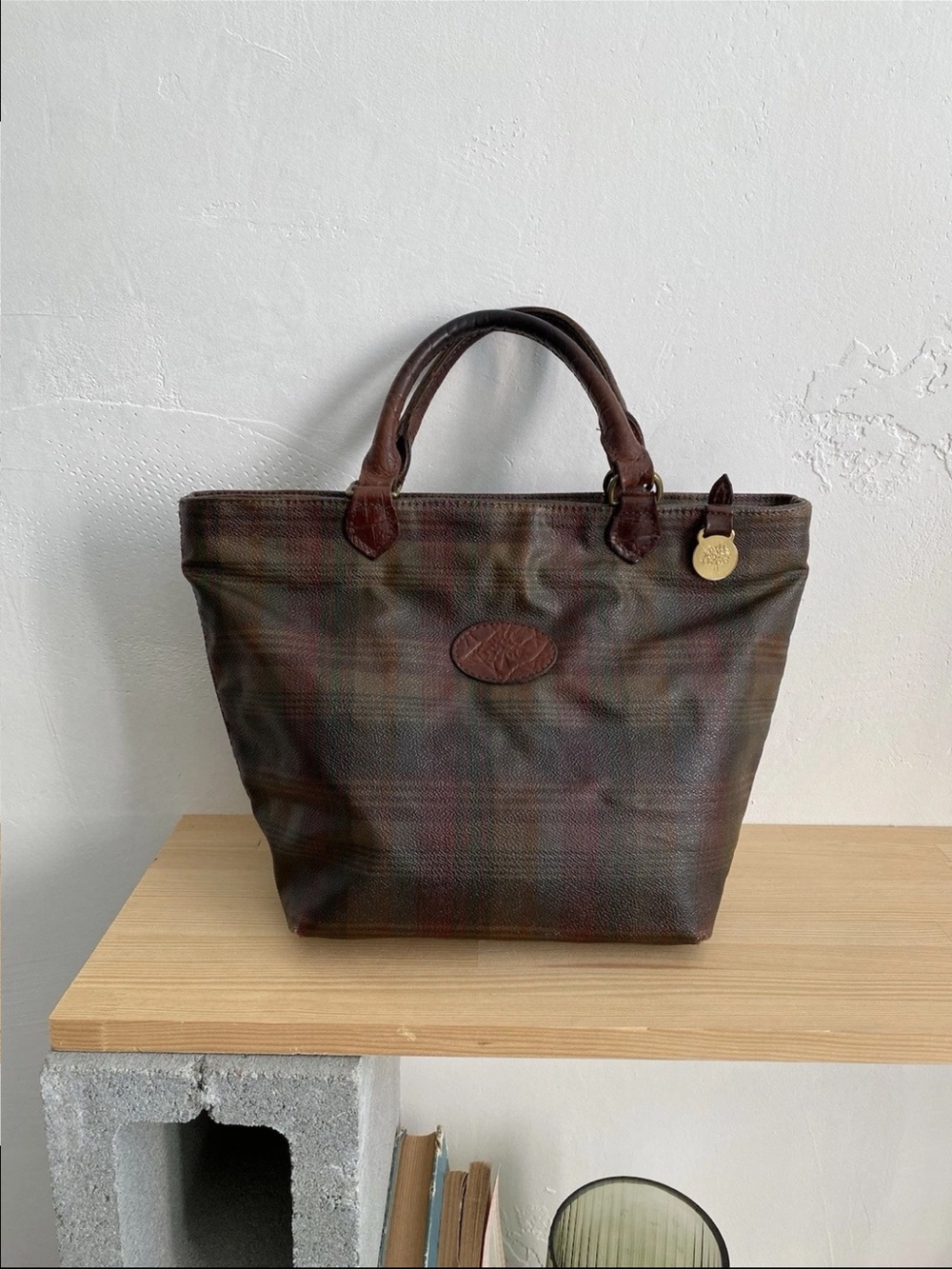 Mulberry Multicolor Brown Plaid Leather-Trim Tote